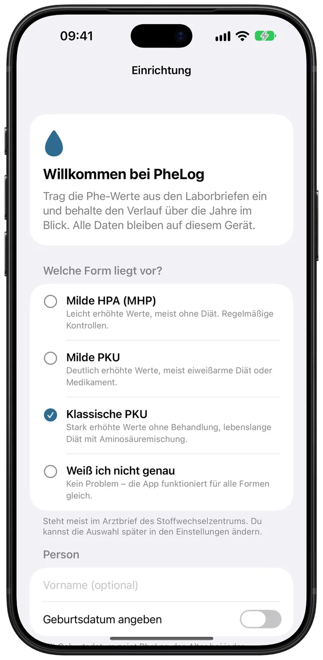 Setup: choosing the form, with “classic PKU” selected and an option for “not sure”. The app interface is in German.