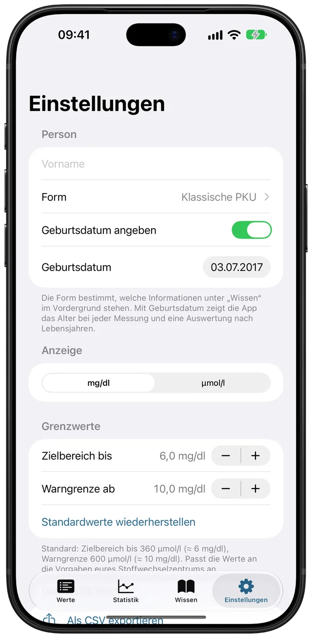 Settings: form “classic PKU”, unit mg/dl, target range up to 6.0 mg/dl and warning limit from 10.0 mg/dl, each with plus and minus buttons.