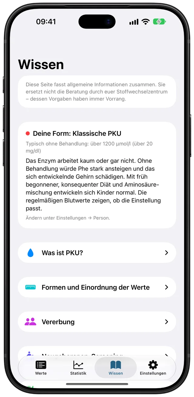 Knowledge tab with a card about the selected form and topics such as “What is PKU?” and “Inheritance”.