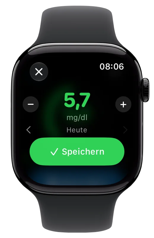 Apple Watch: quick entry with the value 5.7 mg/dl, plus and minus buttons and a save button.